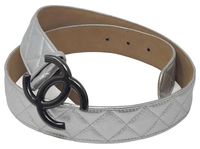Chanel silver leather quilted belt Silvery Silver hardware ref