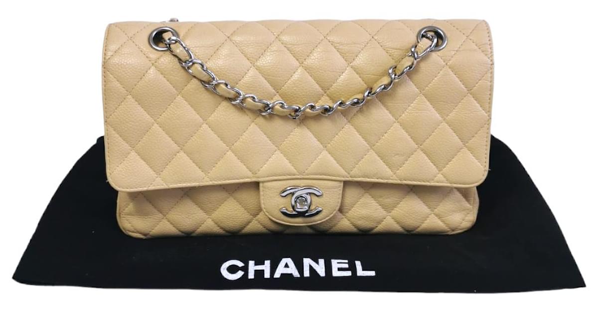 Timeless Chanel Classic Double Flap Medium Beige Caviar Silver Leather  ref.803487