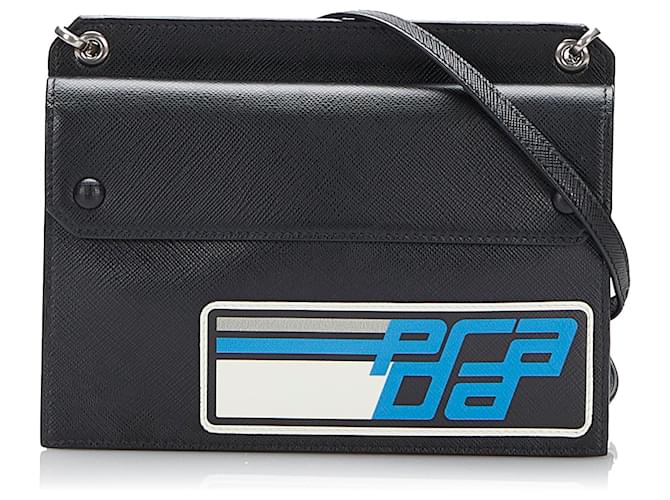 Prada Black Saffiano Lux Racing Logo Patch Crossbody Leather Pony