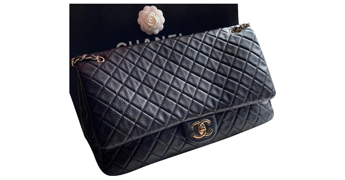 NEW 24C CHANEL XXL Black Caviar Classic Travel Flap Bag Gold CC