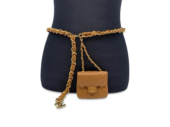 Chanel Vintage Beige Leather Gold Chain Micro Classic Flap Belt