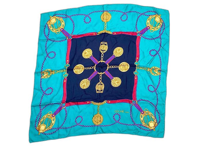 Foulard CHIPIE 100% Soie Vintage - Dimensions 86x90 Cm, Couleur Bleue, Occasion