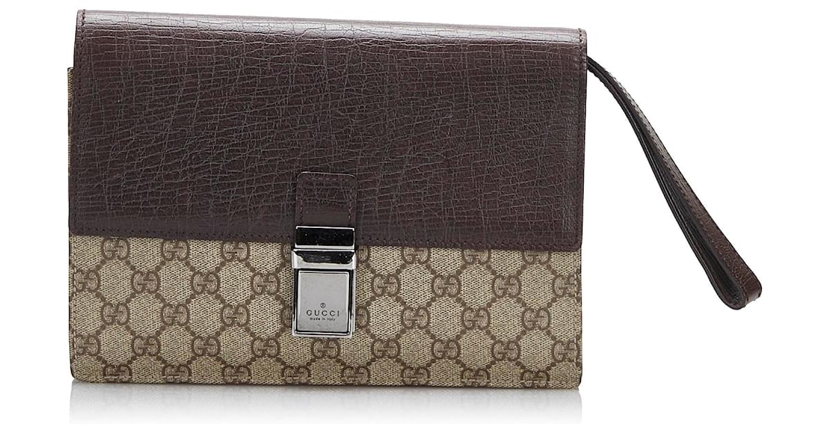 Gucci Brown GG Supreme Clutch Bag Beige Dark brown Leather Cloth Pony-style  calfskin Cloth ref.569281 - Joli Closet