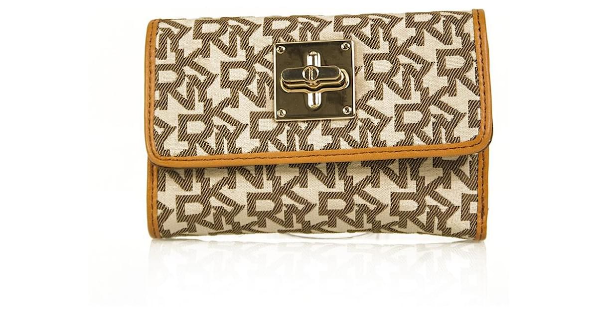 Donna Karan DKNY Signature Beige Canvas Leather Trim Bifold Twist