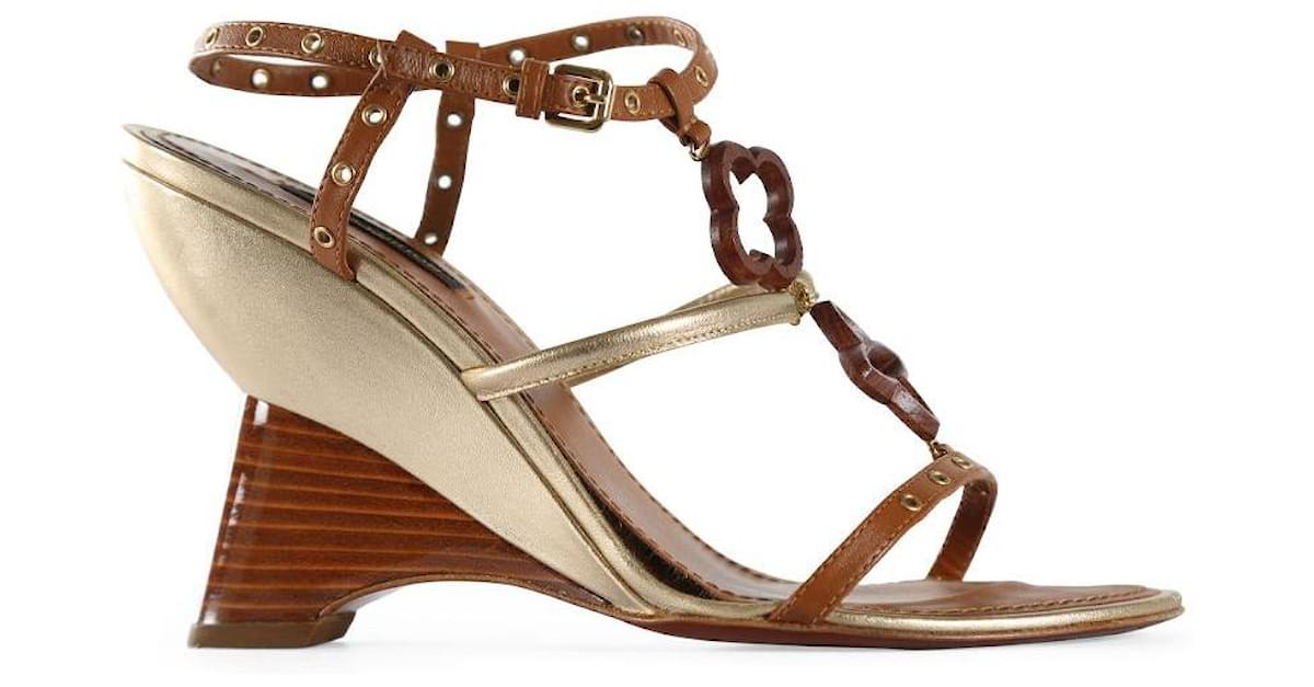 Louis Vuitton Gold/Brown Leather Wedge Sandals