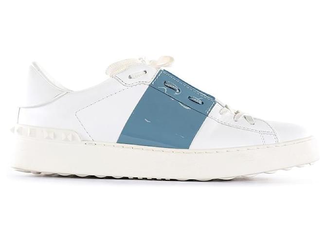 Valentino Garavani White Light Blue Leather Rockstud Low Top