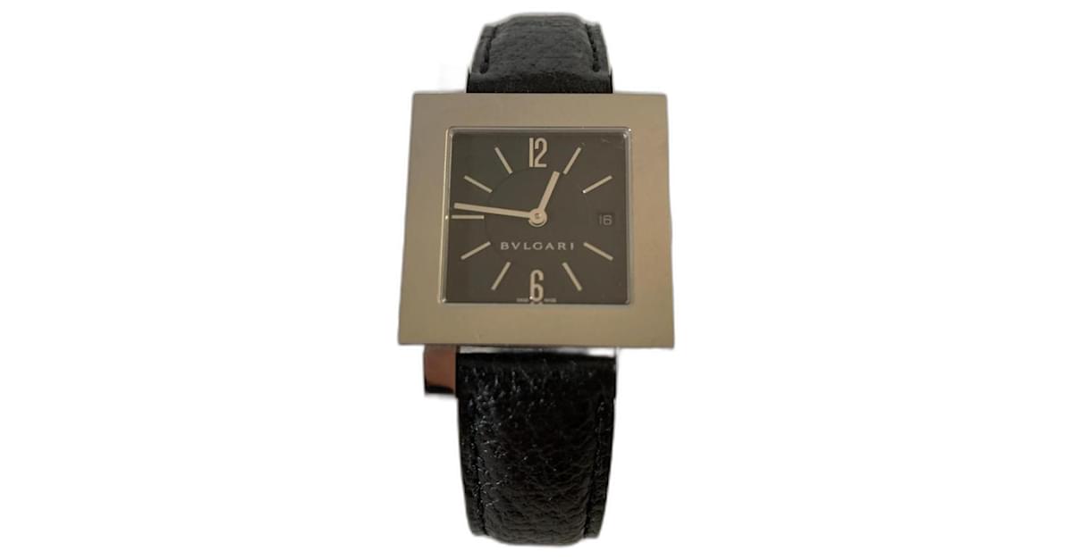 Bulgari Quadrato silver steel/leather watch Black  - Joli Closet