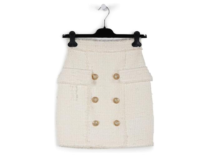 ミニスカート BALMAIN Women Skirts DF1LB292KH100FA White Balmain White Ivory Tweed/Polyamide Mini Skirt With Gold