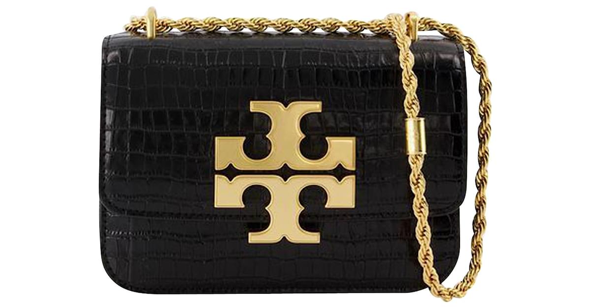 Eleanor Small Hobo Bag - Tory Burch - Black - Croc Embossed Leather   - Joli Closet