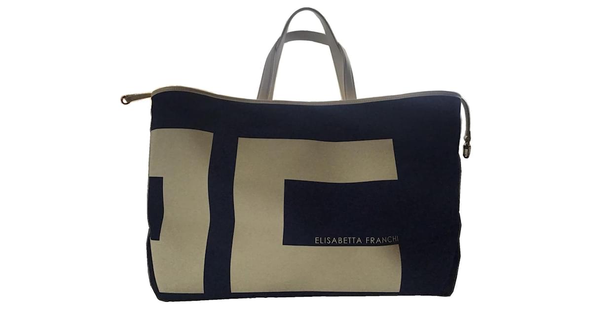 ***Elisabetta Franchi Travel Bag Blue Leather Cloth ref.845228 - Joli ...