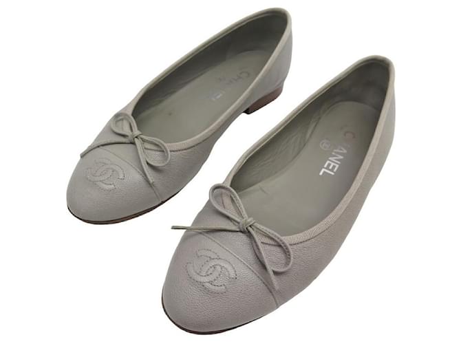 CHANEL LOGO CC G BALLERINAS SHOES02819 37.5 GRAY LEATHER