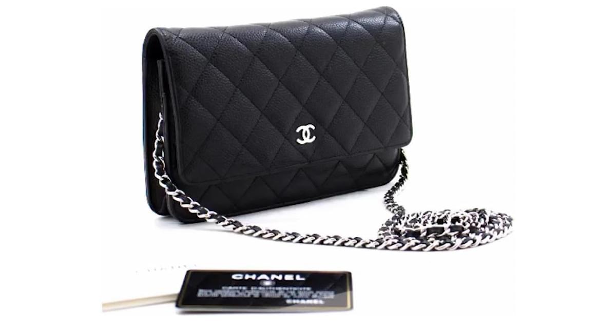 Chanel 2017 black caviar WOC Wallet on Chain with shiny silver