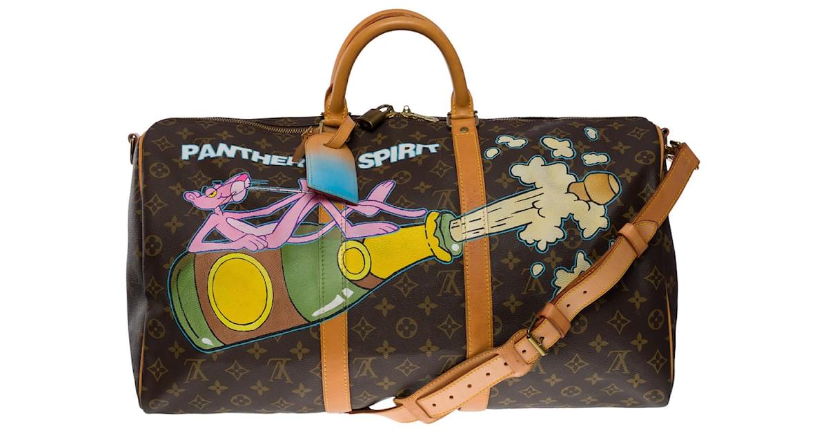 Louis Vuitton Keepall travel bag 50 CUSTOMIZED SHOULDER STRAP PINK PANTHER  SPIRIT-100928 Brown Cloth ref.855291 - Joli Closet