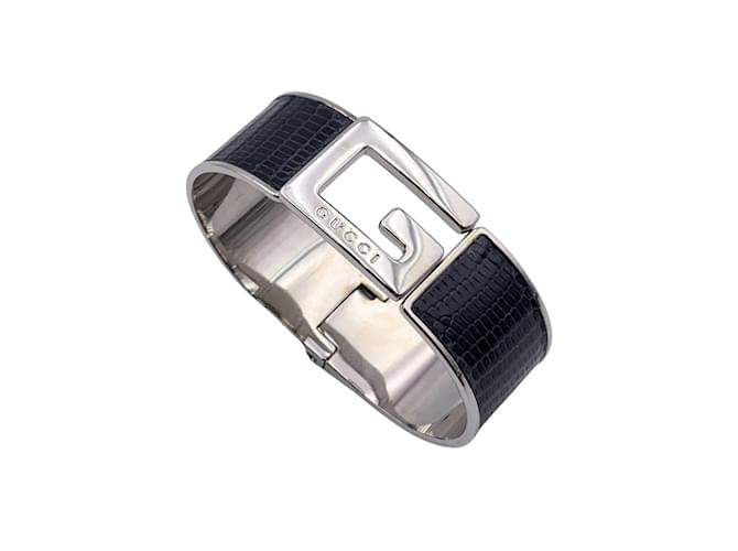 アクセサリー GUCCI Logo Black Patent Silver Bangle GUCCI Logo Black Patent Silver Bangle
