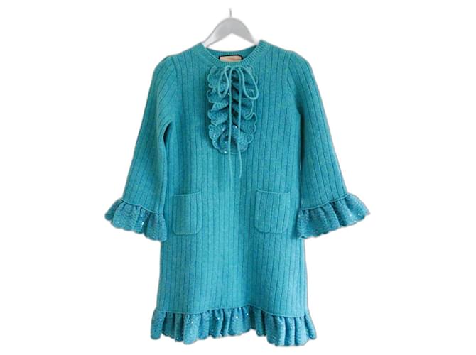 Gucci Aqua Wool Sequin Bow Dress Turquoise ref.JC859357 (Sold) - Joli Closet Gucci Aqua Wool Sequin Bow Dress Turquoise ref.JC859357 (Sold) - Joli Closet