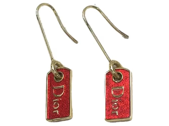 Christian Dior Plate Logo Earrings Red Gold hardware Gold-plated