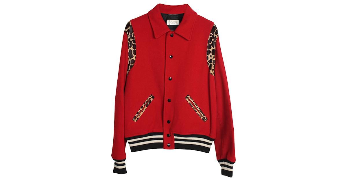 Saint Laurent Leopard-Trimmed Teddy Bomber Jacket in Red Lana 