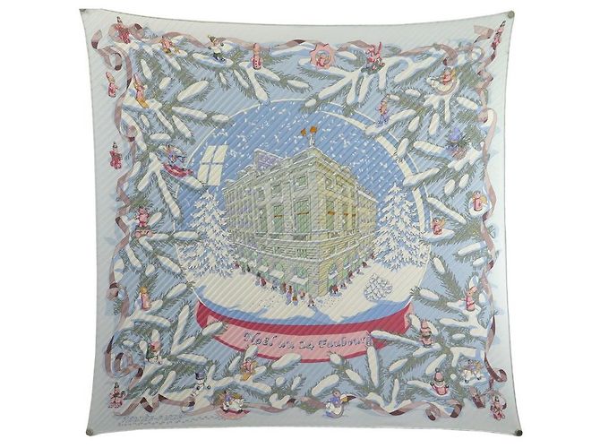 Foulard Carré Hermès 90cm Espace Shopping Au Faubourg 100% Soie - Occasion, Multicolore Bleu Orange