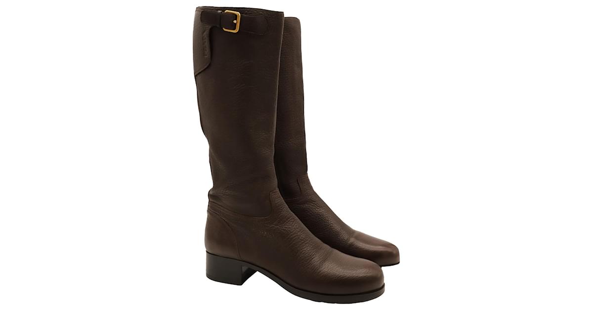 Prada Sport Knee Length Boots with Buckle in Brown Leather ref