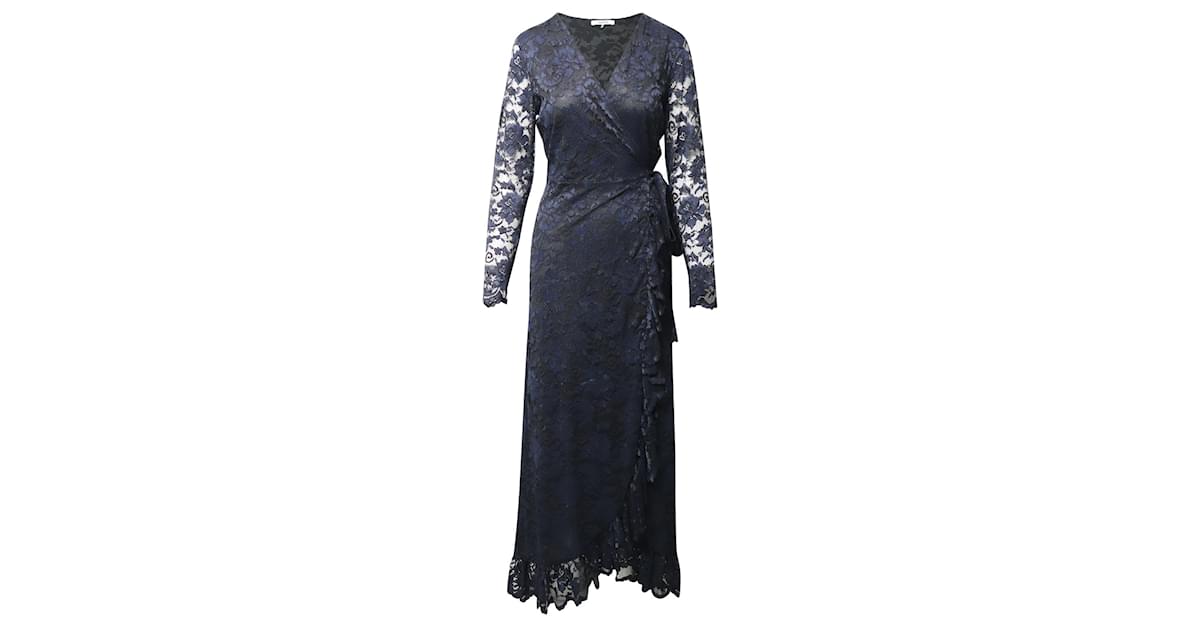 Ganni Flynn Ruffle Lace Wrap Dress in Navy Blue Polyamide ref.870102 Joli Closet