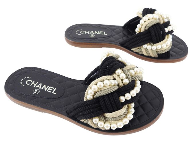Chanel Pearl Rope Mules Black White Beige Grey Leather ref.870357 ...