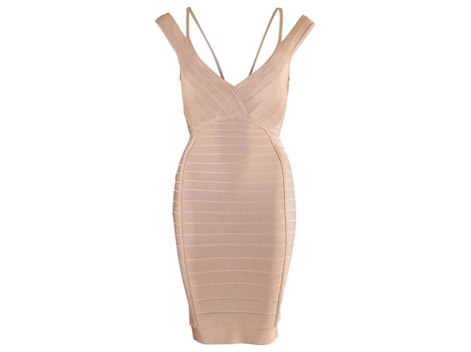 Herve Leger V-Neck Bandage Midi Dress in Nude Rayon Flesh Cellulose fibre  ref.JC872478 (Sold) - Joli Closet