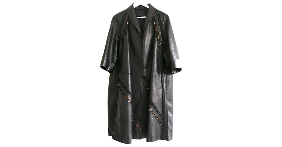 Prada Spring 2015 Leather & Brocade Coat Black ref.872875 - Joli