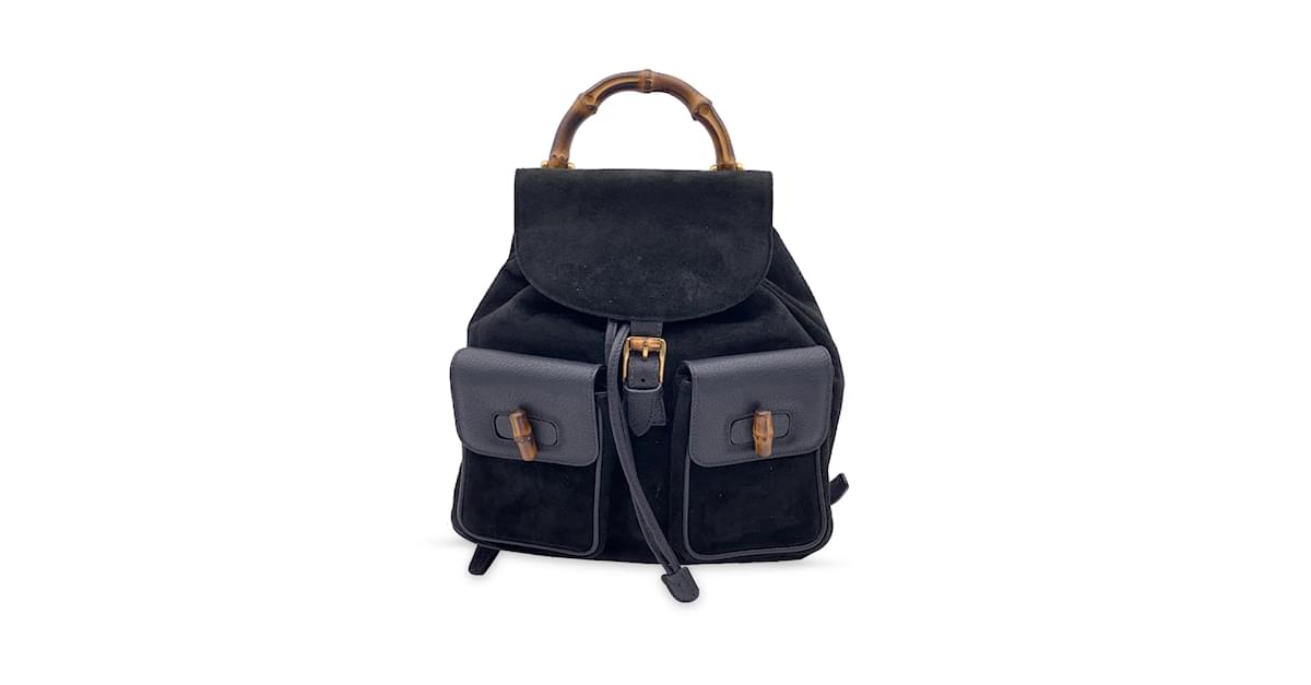 GUCCI Old Gucci Bamboo Backpack Mini Suede Leather Black