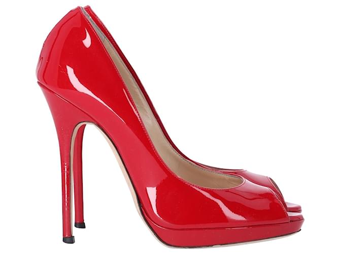 Jimmy Choo Peep Toe Pumps in Red Patent Leather Joli