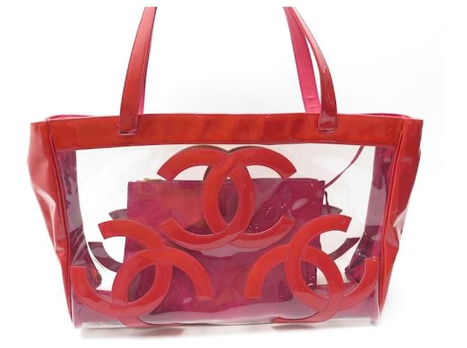 CHANEL CABAS DE PLAGE LOGO CC RED VINYL HAND BAG BEACH PURSE