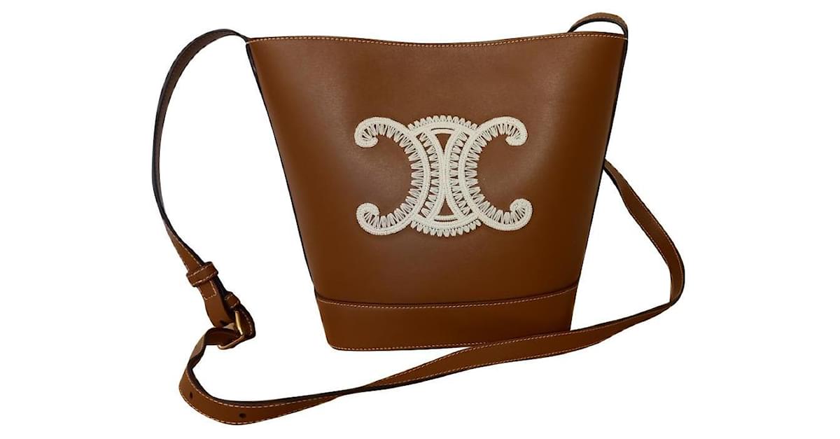 Celine Bucket Bag Small Triomphe Embroidery Tan in Smooth Calfskin Leather  with Gold-tone - US