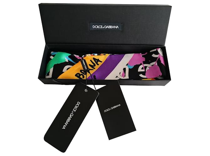 DOLCE GABBANA Paint-splatter and logo-print silk-twill scarf