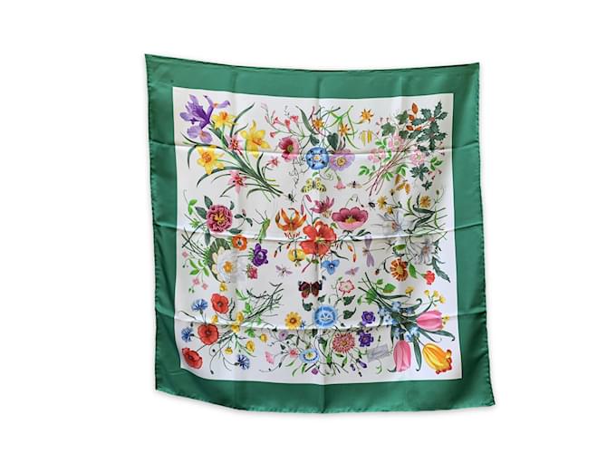 Gucci Vintage Green Floral Silk Neck Scarf Flora 1966 Accornero