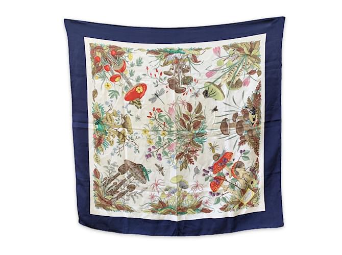 Gucci Vintage Blue Silk Crepe Scarf Funghi Mushrooms 1967