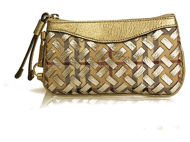 Burberry Signature Check Silver Gold Braided Leather Clutch Bag