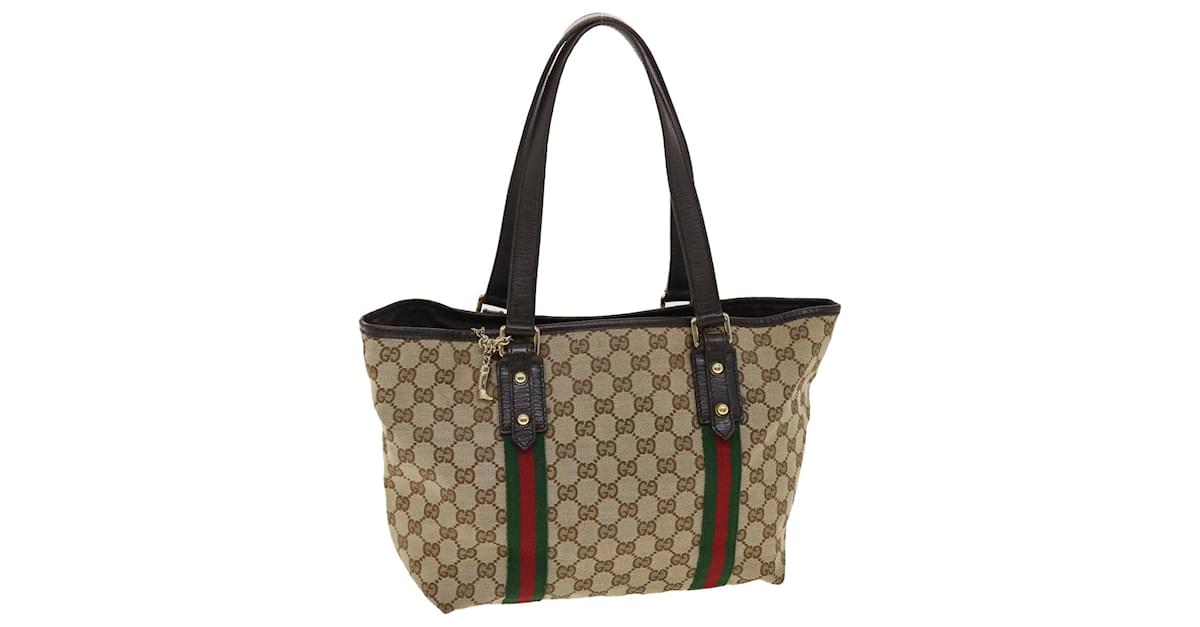 GUCCI GG Canvas Web Sherry Line Tote Bag Beige Red Green 137396 