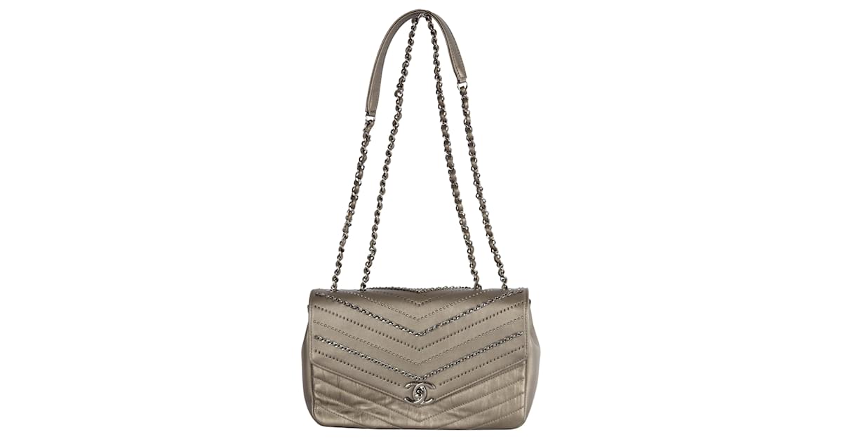 Chanel Embelished 'Chain Sequins' Chevron Flap Bag Grey Leather