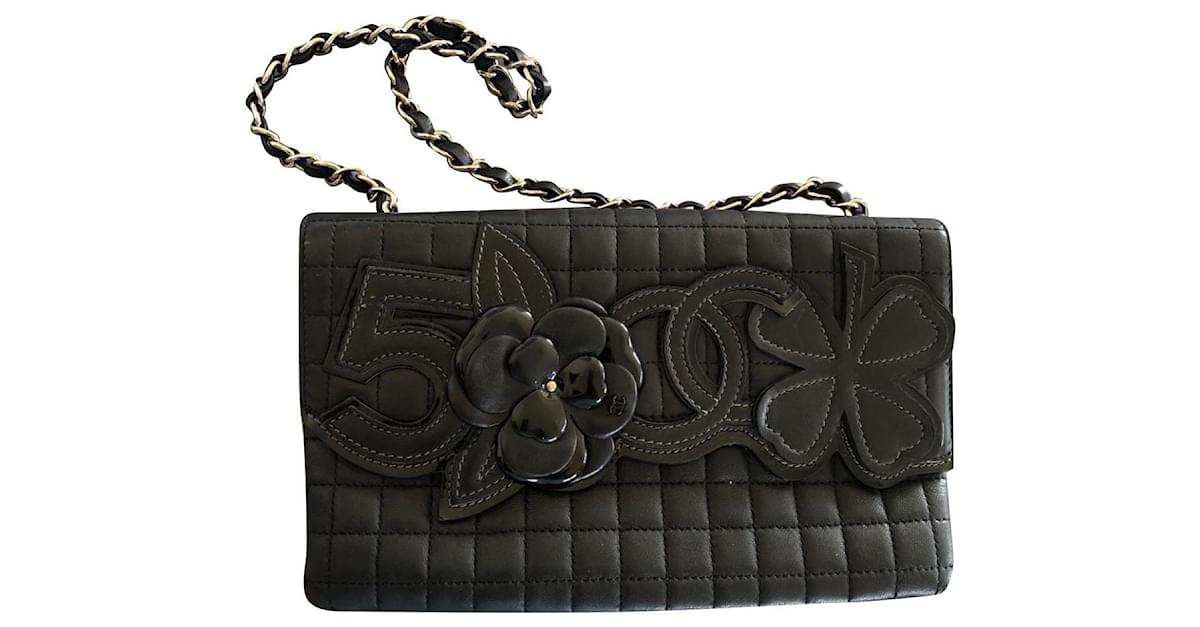 Chanel camellia number 5 flap bag Black Silver hardware Leather