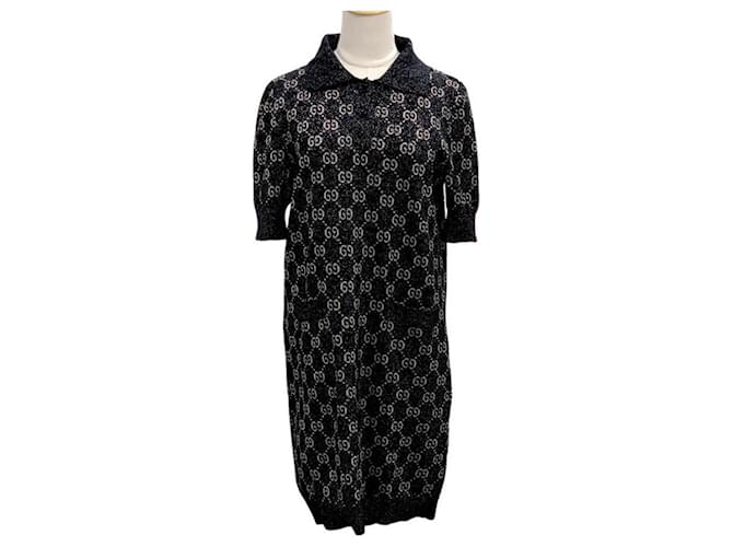 *Gucci GUCC robe une pièce robe polo manches courtes col GG jacquard lamé noir Coton Métal Nylon