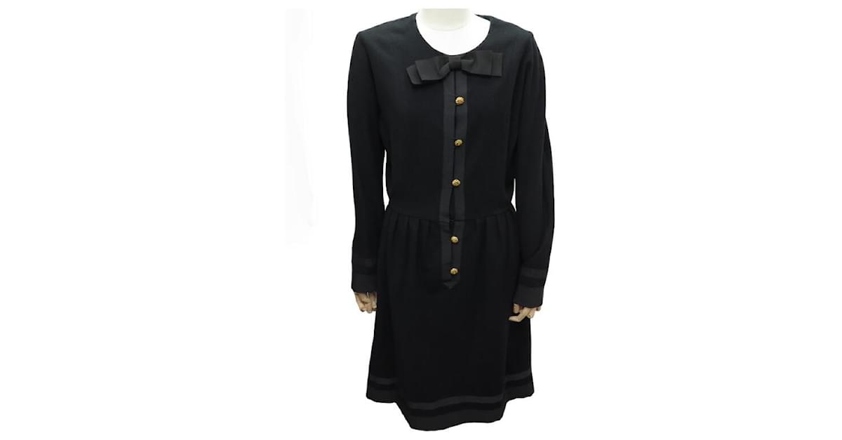 VINTAGE CHANEL DRESS CAMELIA BUTTONS & BOW IN BLACK WOOL 42 L WOOL DRESS  ref.894570