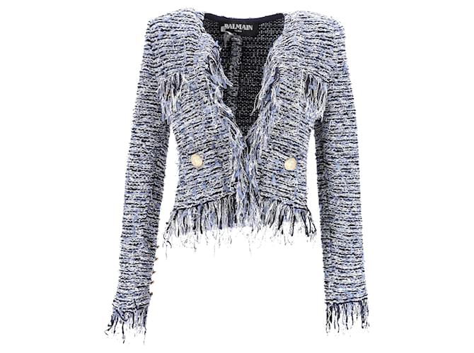 Balmain Fringed Cropped Jacket in Blue Tweed Wool