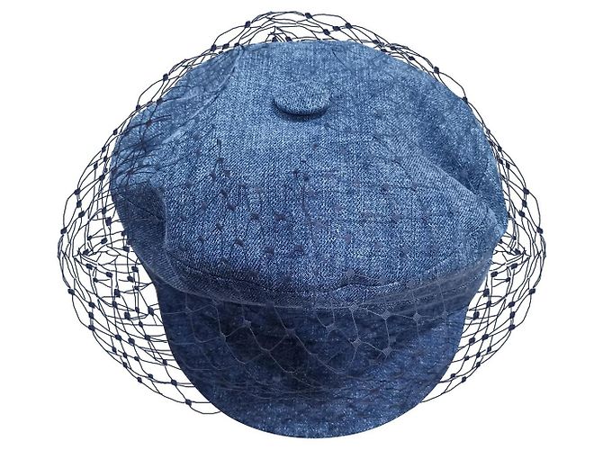 Christian Dior Arty Cap with veil sz 56cm Blue Denim ref  display picture 3
