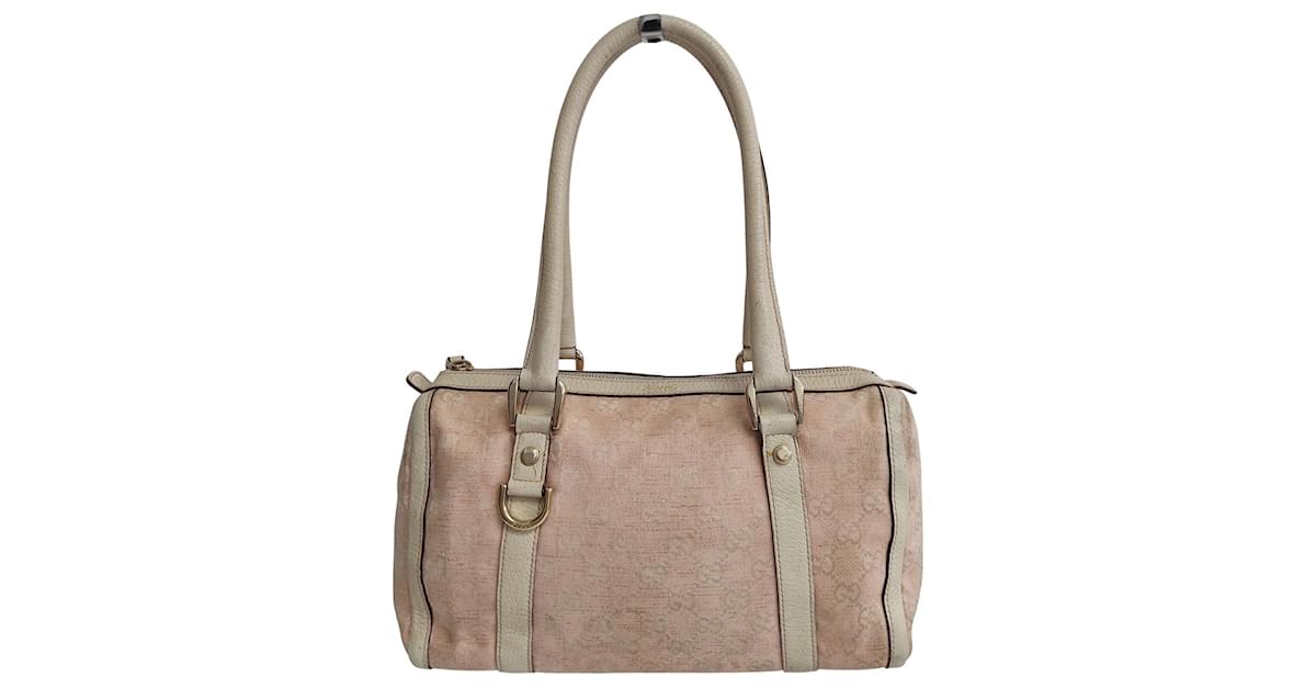 Gucci Boston Handbag in Beige Monogram Canvas and Dark Brown Patent