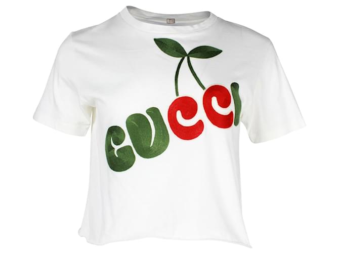 Gucci Embroidered Cherry Logo Cropped Tee in White Cotton