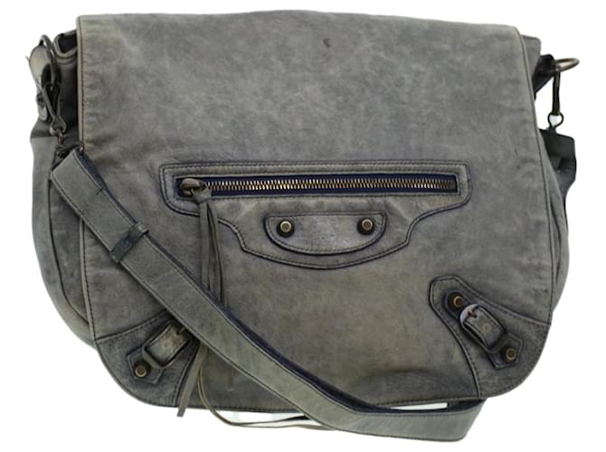 BALENCIAGA Classic Folk Shoulder Bag Leather Navy 246432 auth