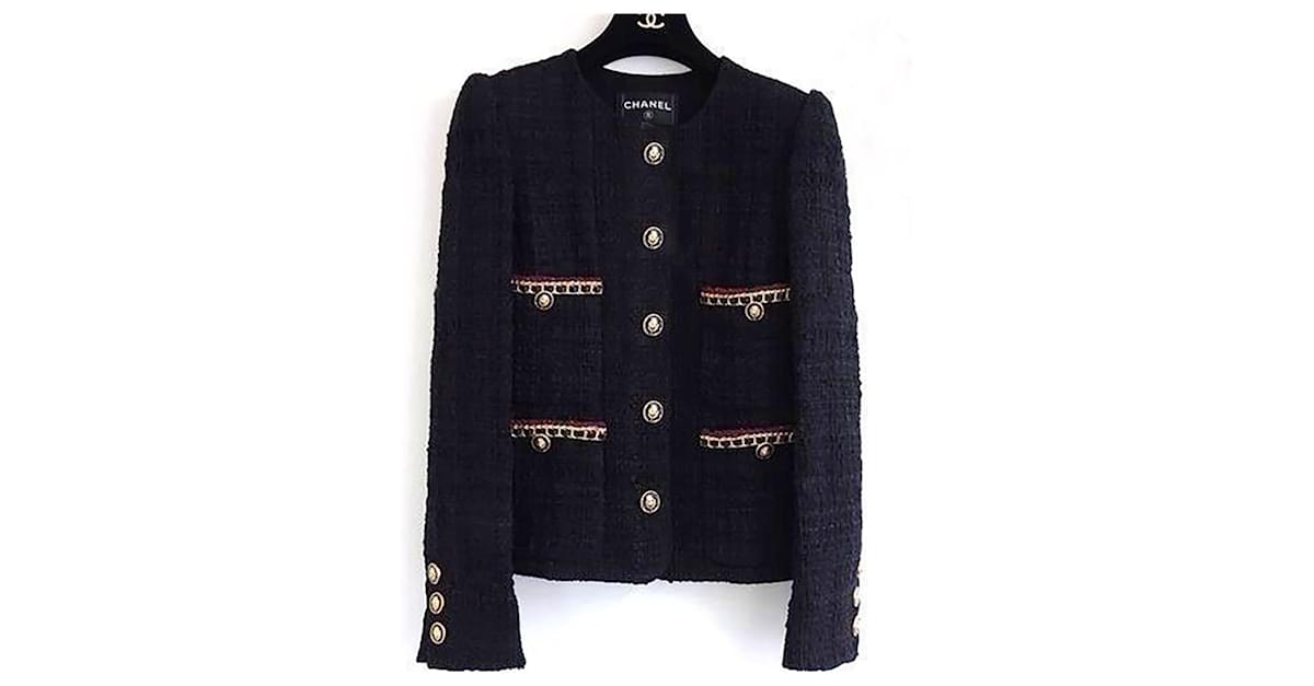 Chanel Hailey Bieber Style Chain Trim Black Tweed Jacket at
