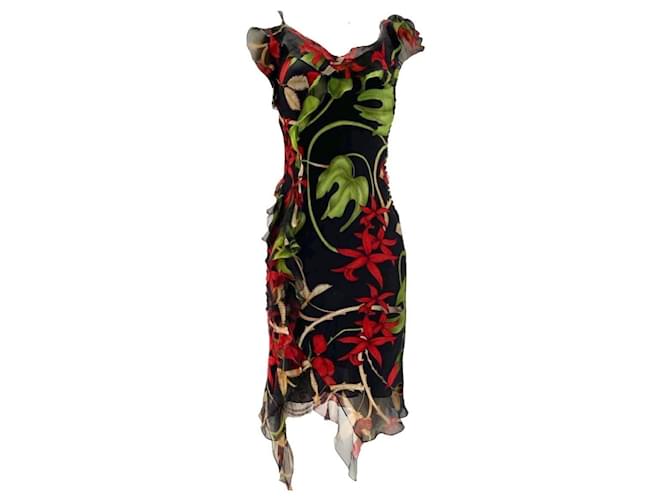 christian dior multicolor floral print silk dress 2002 a/H 2002 Asymmetric silk dress Christian Dior by John Galliano Black Red  Multiple colors Green ref.JC914500 (Sold)