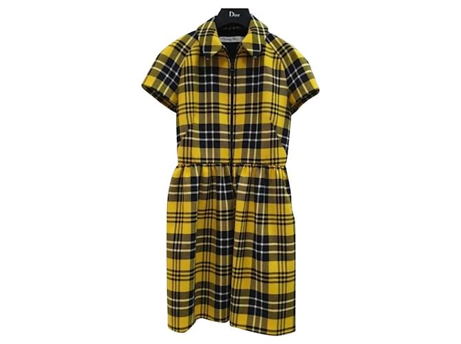 CHRISTIAN DIOR Wool Zipped Dress Yellow Black Check Dress Multiple