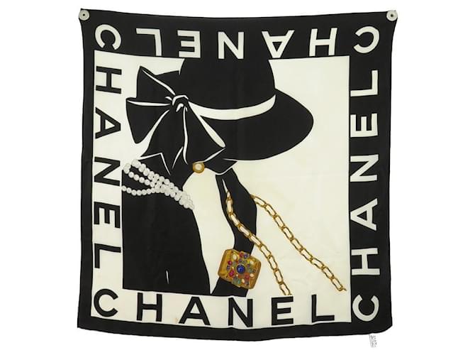 CHANEL COCO MADEMOISELLE SCARF 90 CM IN ECRUE BLACK SILK
