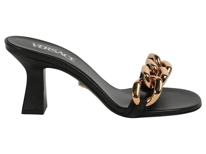 Versace Chain Mid-Heels Sandals Black Leather Pony-style